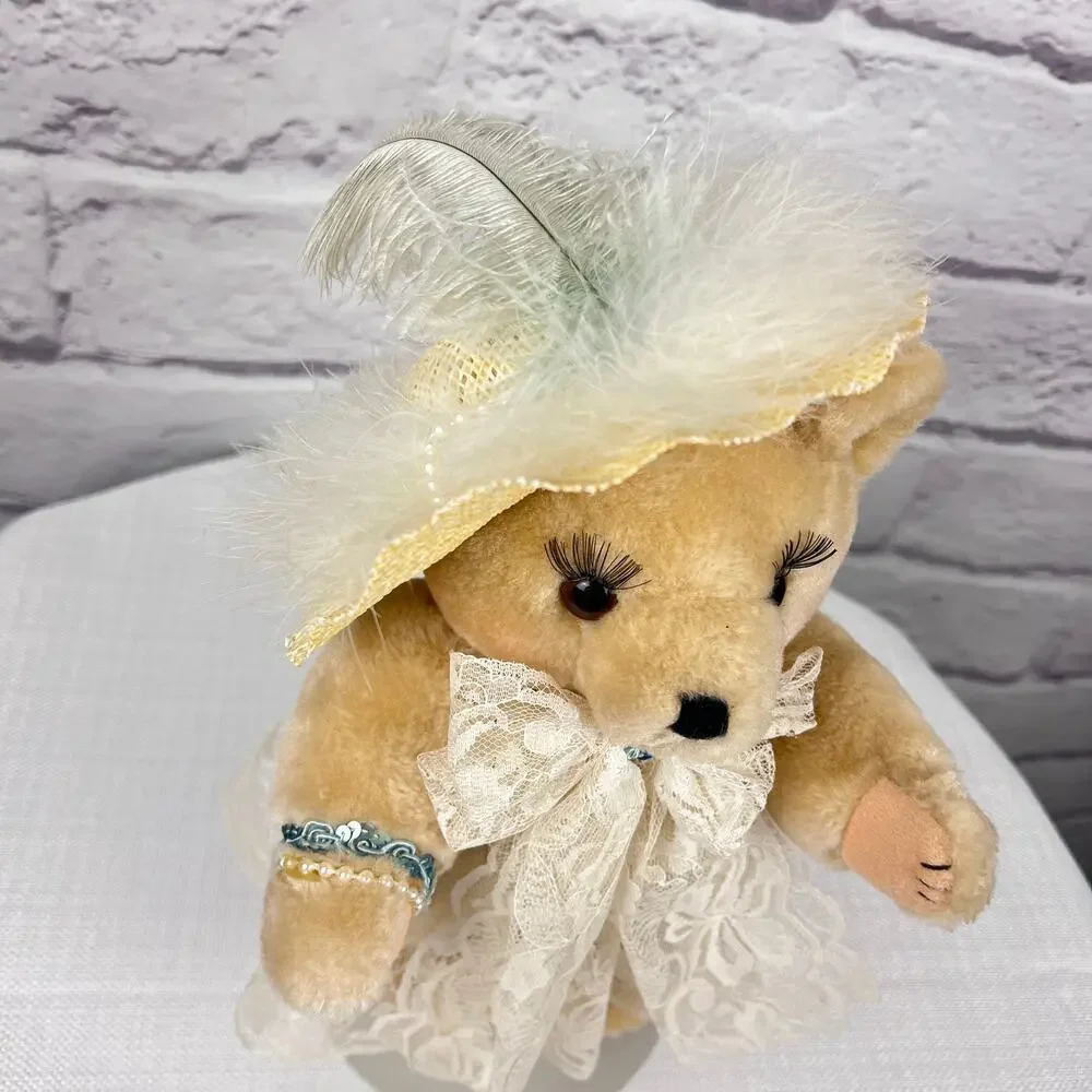 Country Cozy's Born to Shop Vintage 90s Jointed Bear Lace Dress Feather Hat 12